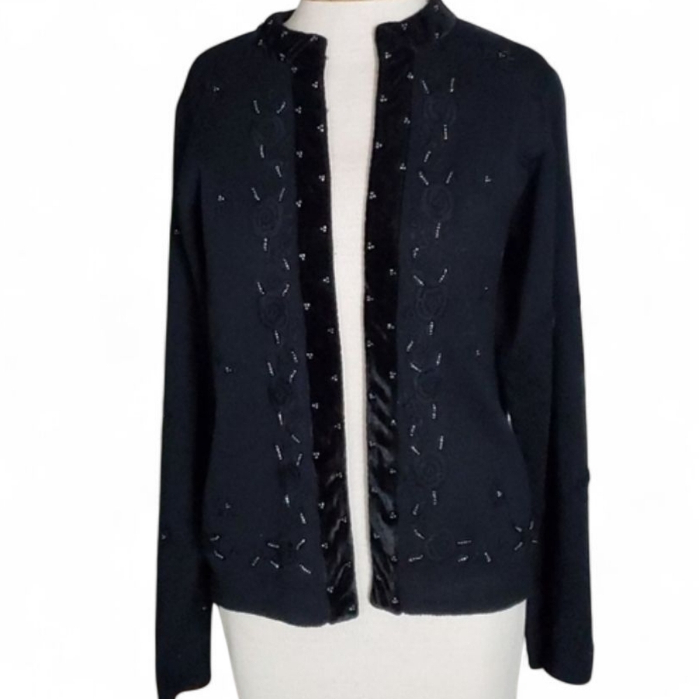 Vintage Ship'N Shore Black Beaded Embroidered Hook Front Cardigan Sweater Small - Picture 3 of 13